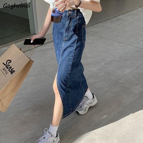 

skirts women solid denim high waist chic fashion korean style side-slit srteetwear elegant all-match simple vintage a-line loose, Black