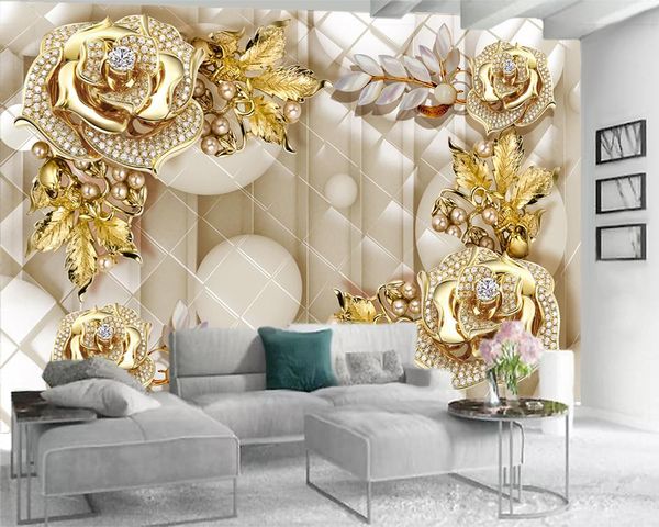 

luxury 3d 7d wallpaper romantic floral gold leaf diamond flowers hd superior interior decorations wallpapers