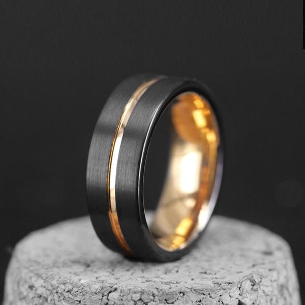 

wedding rings trendy 8mm men gold color groove beveled edge stainless steel ring carbon fibre for engagement band, Slivery;golden
