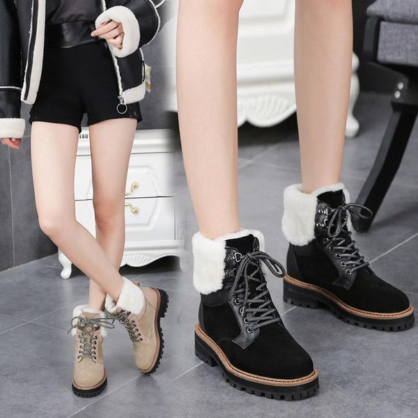 

boots women's fashion snow and fur one-piece winter warm velvet british style short work, Black