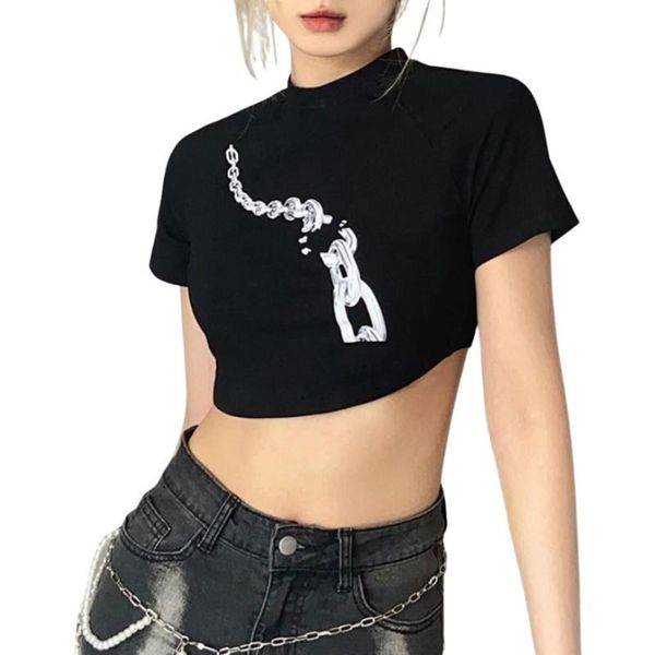 

women's crew neck t-shirts stylish short sleeve broken chain graphic slim fit crop t-shirt, White