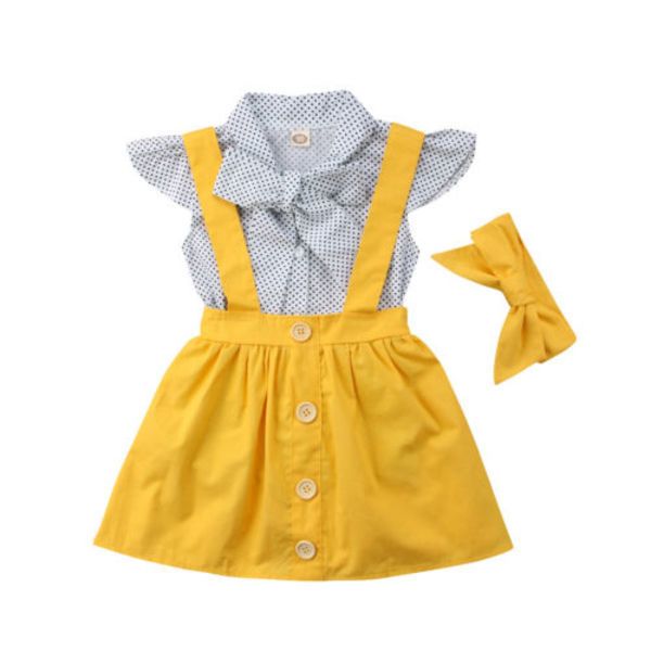 HOT Fashion Cute Baby Kids Papillon Top + Bretelle Vestiti Set 3Pcs Nuove ragazze T-shirt in cotone Gonna Abiti estivi Q0716