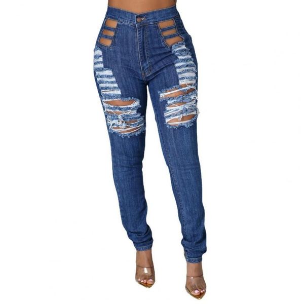 

women's jeans 2021 women ripped hole tassel trousers solid color stretchy denim pants for daily wear charming and eye-catching, Blue