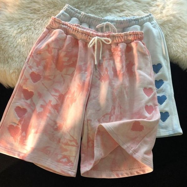 

women's shorts women casual tie dye heart embroidery high waist short pants female summer harajuku loose hip-hop couples, White;black
