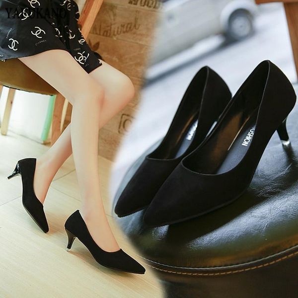 

dress shoes big size high heels pointed toe pumps patent leather low heel office woman faux suede ladies, Black