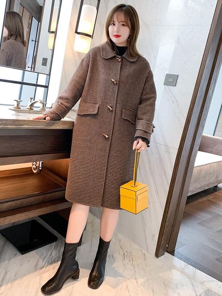 

vintage plaid straight horn double-sided long coat lapels female winter plus sizes large size women's two piece pants, White