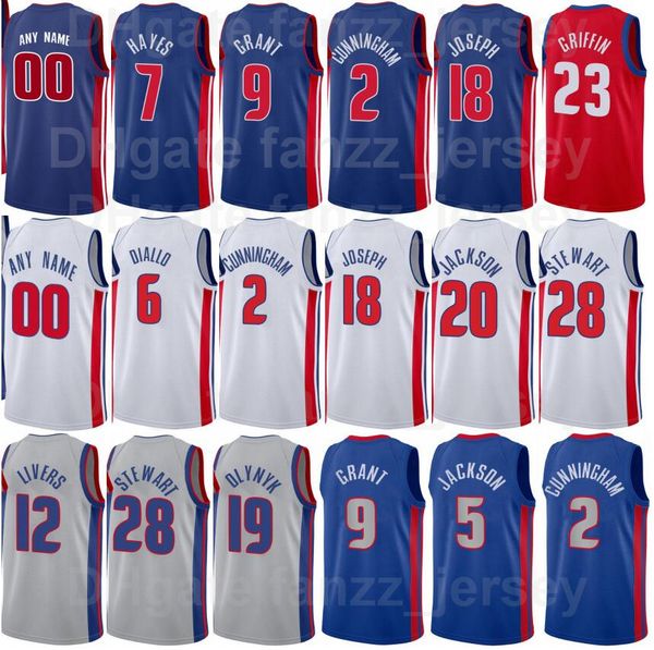 

screen printed basketball cade cunningham jersey 2 jerami grant 9 killian hayes 7 saddiq bey 41 cory joseph 18 hamidou diallo 6 team blue wh, Black;red