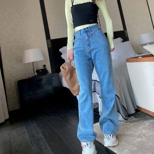 

vintage rubber waist high brem pant breeches for female streetwear loose feminine denim zipper ladies jeans, Blue