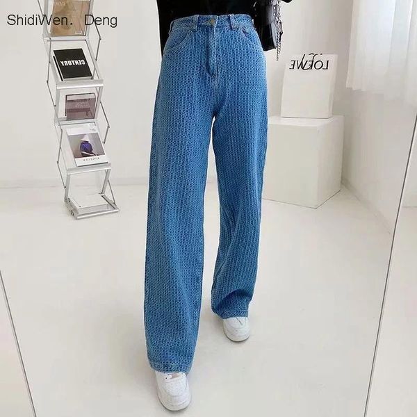 

women's straight-leg loose wide-leg mopping jeans 2021 fashion high-waist blue woven retro street denim trousers