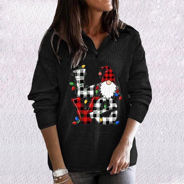 

women's hoodies & sweatshirts preppy style winter christmas print long sleeved lapel neck zipper casual pullover oversize streetwear, Black