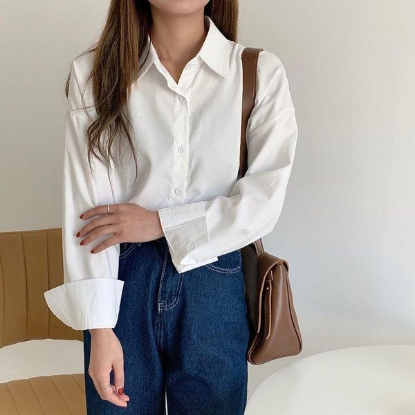

women's blouses & shirts 2021autumn fashion all-match mid-length button up shirt vintage blouse women long sleeves female loose street, White