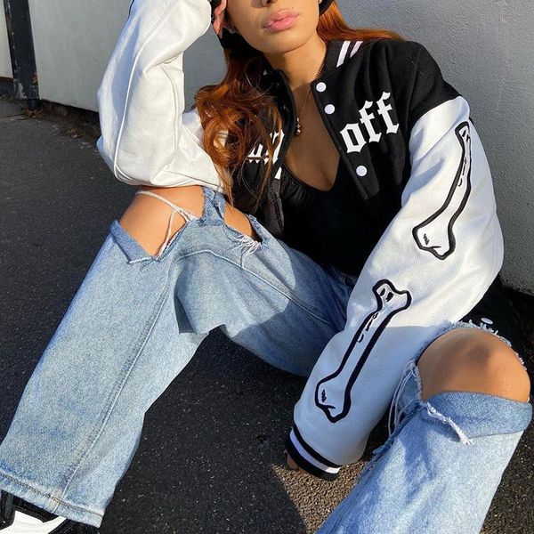 

women's jackets fashion trend letter bone print black and white patchwork street style jacket baseball uniform women korean coats, Black;brown