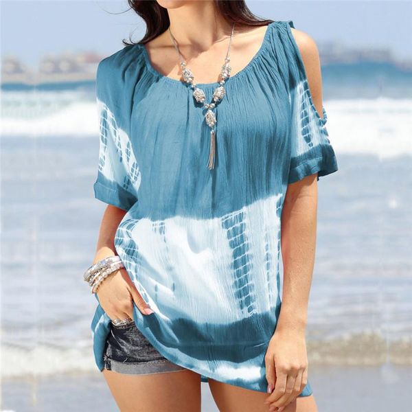 

women summer beach casual tie-dye blouse 2021 fashion ladies elegant ol short sleeve clod shouler shirt women's blouses & shirts, White
