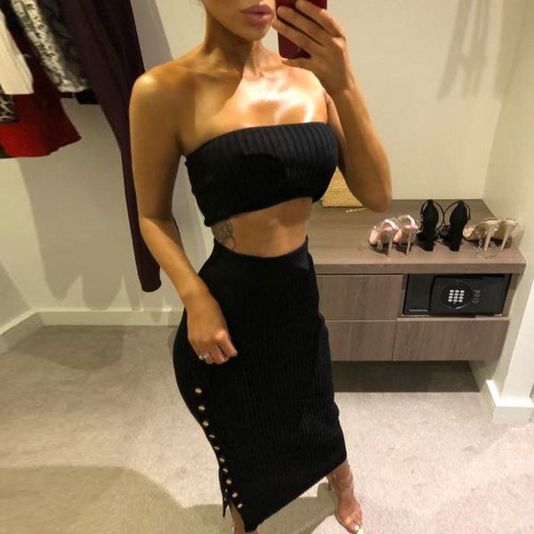 

two piece set ribbed strapless crop and long skirt 2 women's suits knitted outfits pants, White