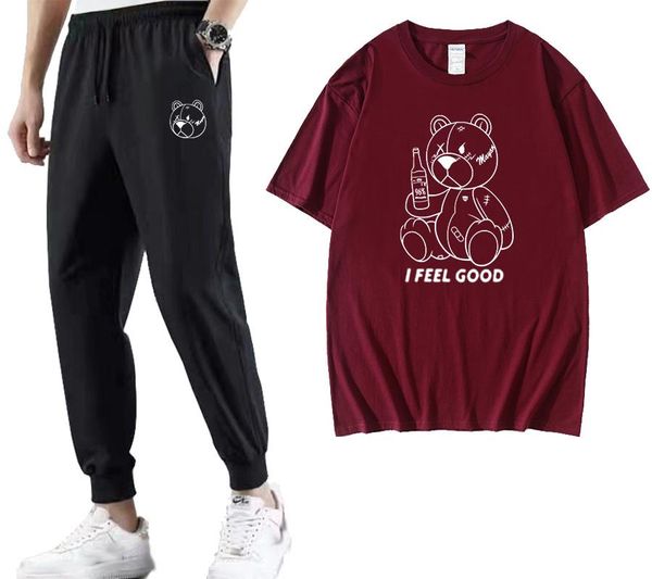 

men's tracksuits 2021 summer t-shirt harajuku bear cool print short sleeve round neck street casual + thin pants, Gray