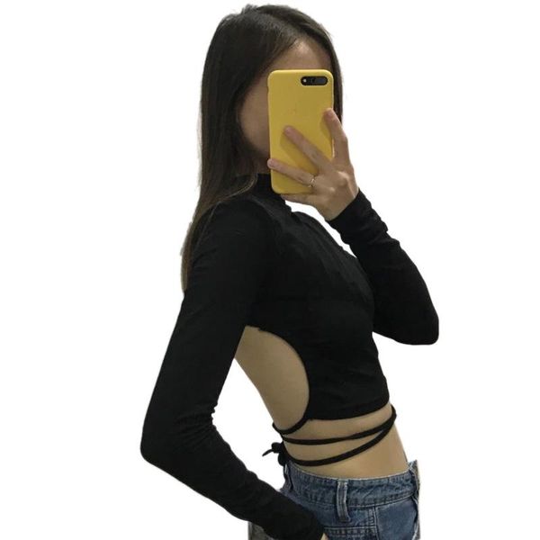 

women's blouses & shirts long sleeve bandage hollow out women and fashion summer crop black tees plus size streetwear, White