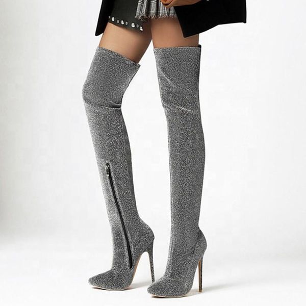 

boots plus size 48 shinning stretch upper side half-zip women over knee high stiletto ladies pointed toe thigh long booties, Black
