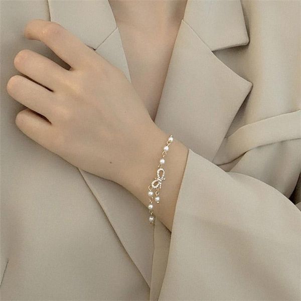 

charm bracelets korean bracelet 2021 bow studded pearl jewelry for women alloy luxury accessories pulseras mujer, Golden;silver