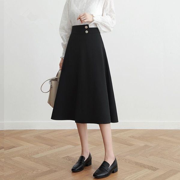 

autumn women luxury solid high elastic waist long skirt female chic a-line pleated plus size 4xl skirts jupe longue z48, Black