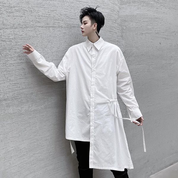 

men asymmetry design casual long sleeve shirt male women harajuku streetwear dress stage clothing men's shirts, White;black