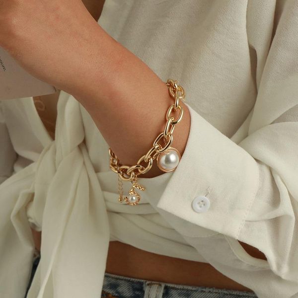 

link, chain retro women bracelet elegant bracelets for woman fashion simple jewelry artificial pearl bangles gold color trendy metal armband, Black