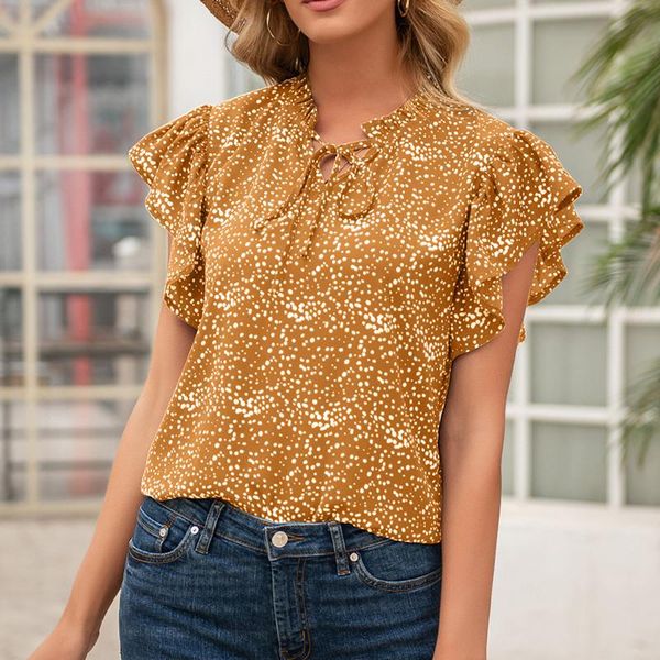 

women's blouses & shirts womens elegant short sleeve shirt ladies femme streetwear fashion ruffle leaf hollow out summer polka dot, White