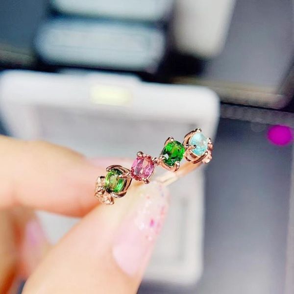

cluster rings natural real colorful tourmaline ring per jewelry 925 sterling silver 3*4mm 0.25ct*4pcs gemstone fine j213318, Golden;silver