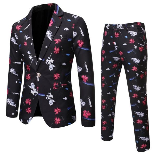 

men's suits & blazers 2021 men spring print fashion business suit jacket two-piece casual with pants, White;black