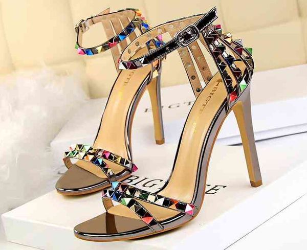 

brand designer women pumps sandals 11cm gladiator colour rivets open toes stiletto buckle strap lady party shoes summer style 7, Black