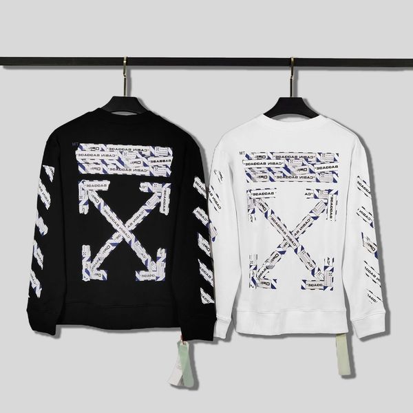 

new autumn 2021 and winter off adhesive tape overlapping letter warning strip printed men's women's round neck sweater, Black