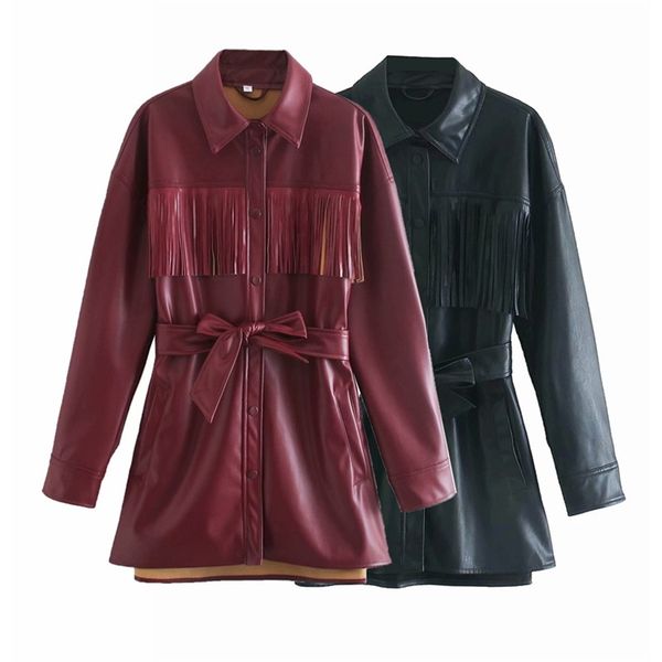 

women autumn pu solid jackets coats long sleeve sashes bow tie tassel fashion street female casual jacket outerwear clothes 210513, Black;brown