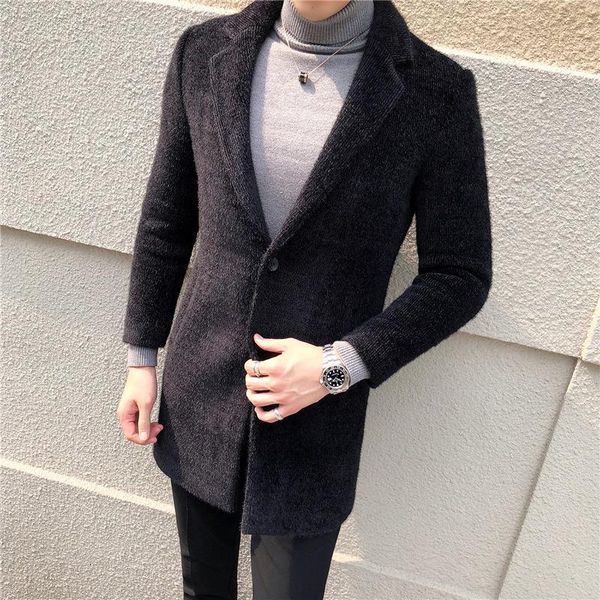 

men's wool & blends medium long woolen coat korean version slim fashion casual windbreaker tgl4, Black