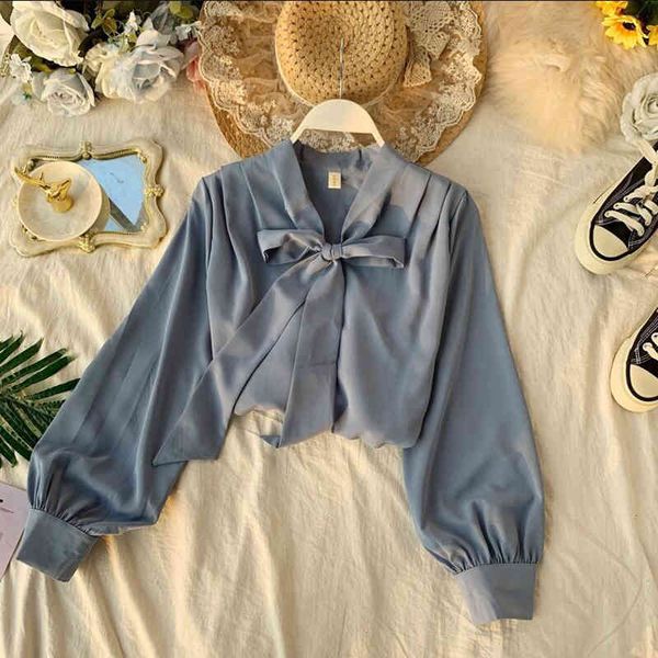 

suits fashion vintage v-neck shirt bow design long sleeve loose ruffle blouse solid ladies office chiffon, White;black