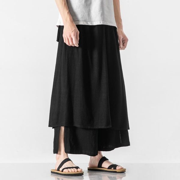 

men's pants removable skirt wide leg men chinese style cotton linen loose casual oversize trousers male harajuku pant man, Black