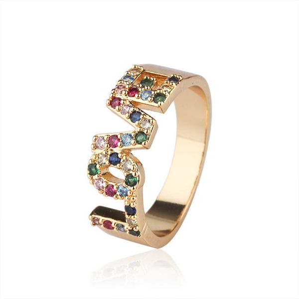 

cluster rings luxury love letter ring pave colorful rainbow cubic zirconia stone wedding finger for women accesories 2021 fashion jewelry, Golden;silver