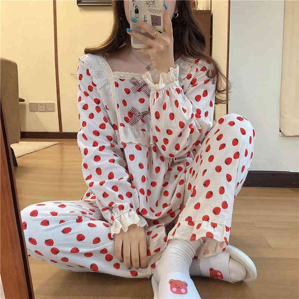 

sleepwear korean arrival printed strawberries all match girls women sweet chic comfortable cotton pajamas sets, Black;red