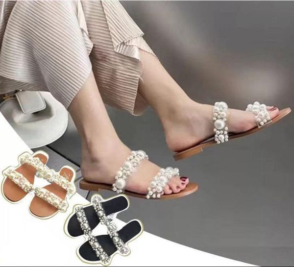 

female shoes string bead slippers women summer big size slides fashion jelly flip flops low 2021 flat luxury glitter scandals ru, Black