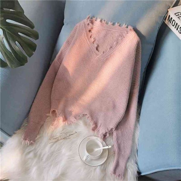 

knitted sweater autumn women  ripped v neck loose pullovers ladies solid color tassel s 210427, White;black