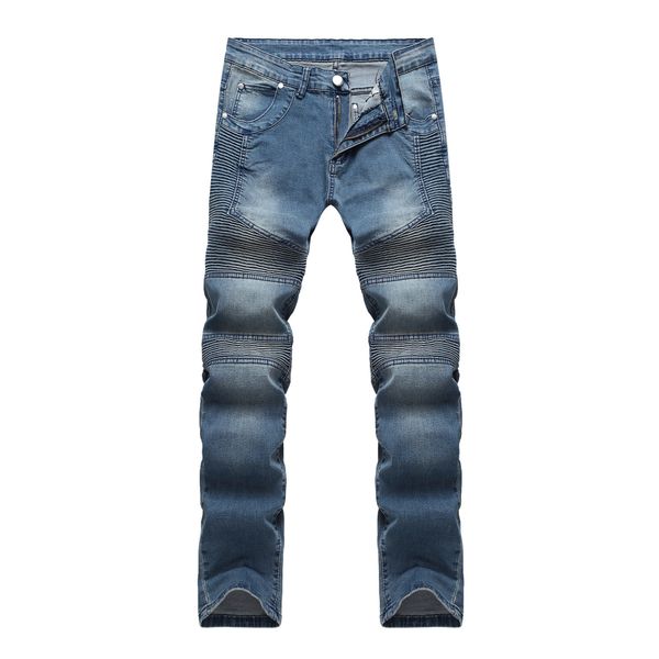 

cross-border supply foreign trade motorcycle pants trendy pleated stretch skinny jeans, Blue