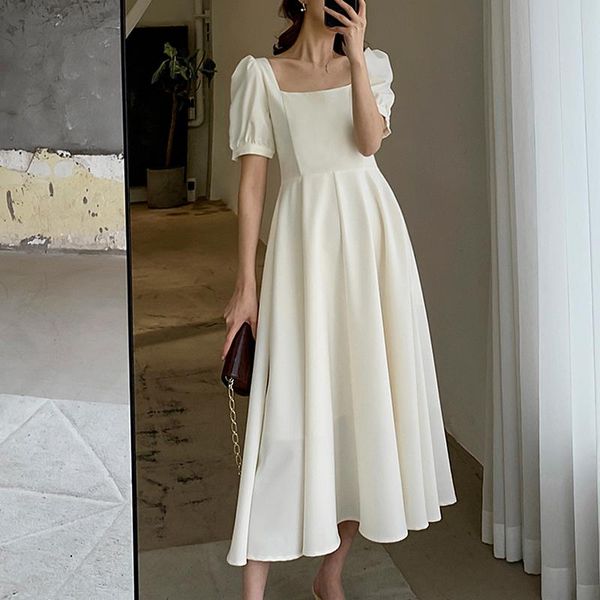 

casual dresses elegant party long dress women 2021 summer square collar puff sleeve white black plus size vestidos, Black;gray