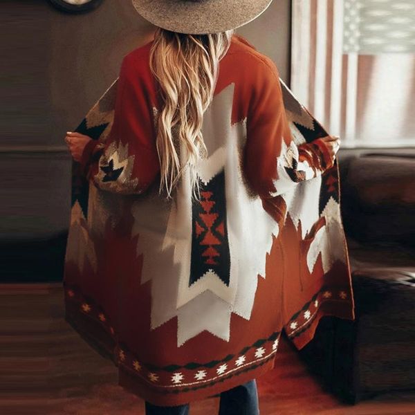 

women's wool & blends boho women long woolen coat young fashion loose overcoat geometric stripe color block patchwork pocket western ca, Black