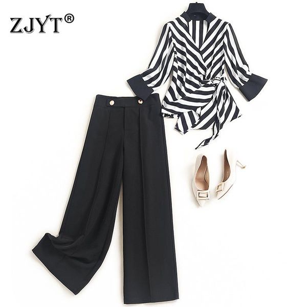 

summer fashion designers lady elegant office two piece outfits women striped print chiffon shirt and trousers suit sets women's pants, White