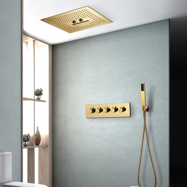 

ti-pvd gold shower systems with 16 inch rain showerheads bathroom faucet led set thermostatic valve bath mixer brass taps sets