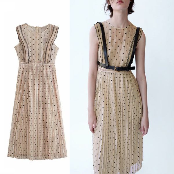 

Women Za Polka Dot Lace Midi Dress 2021 Semi-sheer Pleated Party Dress O-neck Sleeveless Back Zip Female Elegant Long Dresses, As picture