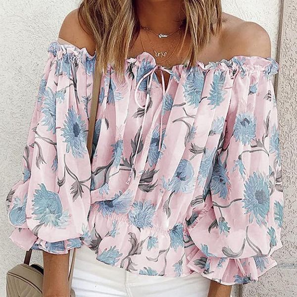 

women's blouses & shirts 2021 fashion chiffon for women slash long sleeve summer flower mujer, White