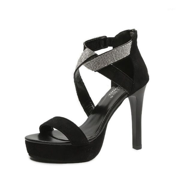 

summer versatile sandals women water drill waterproof platform thin heel high heels cross strapping dress shoes1, Black