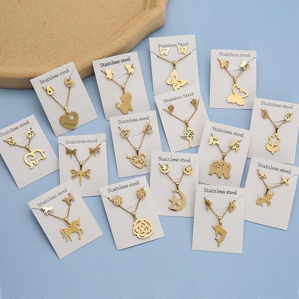 

earrings & necklace animal flower butterfly stainless steel pendant sets for women gold color chain jewelry gifts, Silver