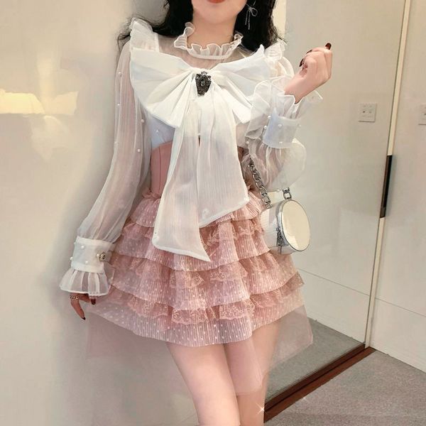 

dress 2021 spring french elegant fashion suits women bow shirts+mini skirts korean style 2 piece sets female kawaii lolita costume y2k, White