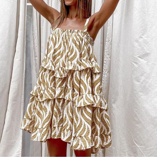 

casual dresses loose style flowers printed dress summer for women 2021 spaghetti strap cascading ruffle short sleeveless female vestidos, Black;gray