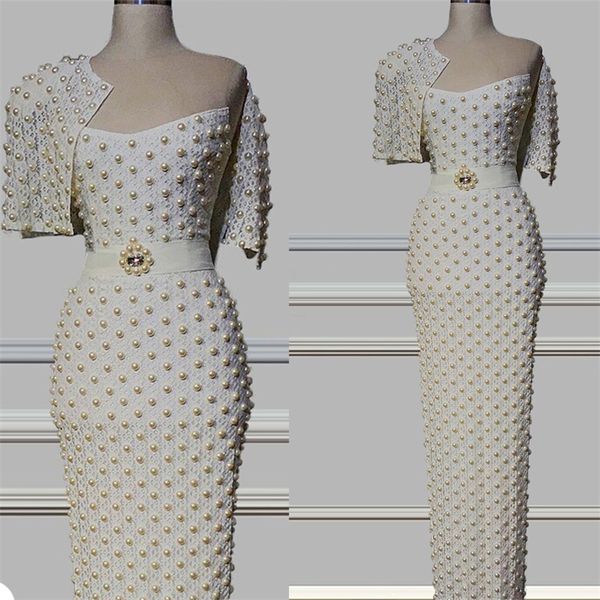 Perlen-Design-Abendkleider mit Gürtel, weißes Meerjungfrau-Abschlussball-Festzug-Kleid, volle Spitze, durchsichtiger Ausschnitt, Robe De Mari￩e, Sweep-Zug, individuelle formelle Party-Kleider